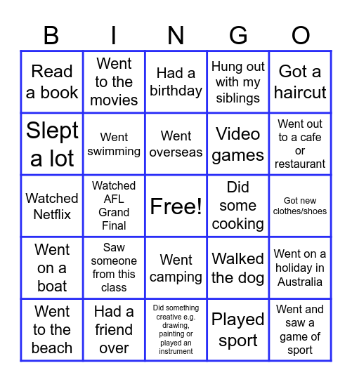 School Holiday BINGO Card