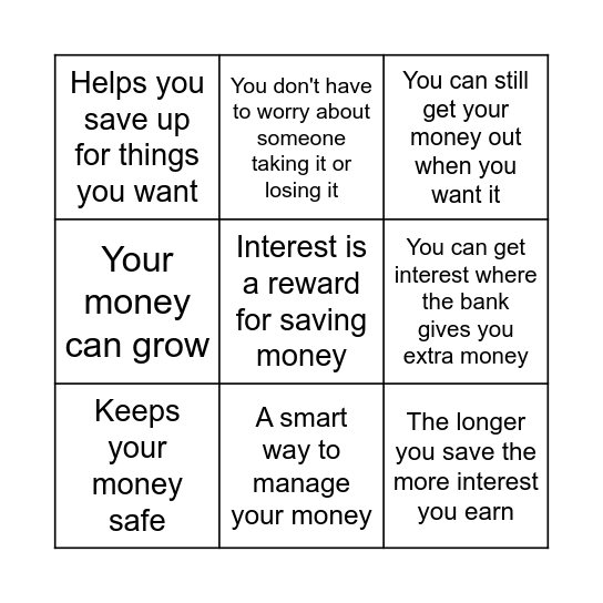 Benefits of a Savings Account Bingo Card