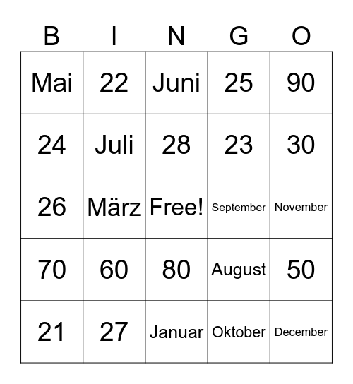 Monate-Zahlen Bingo Card