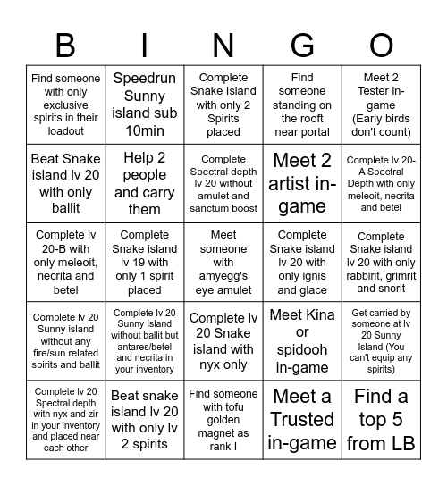 Spirit Defenders Challenge Bingo Card