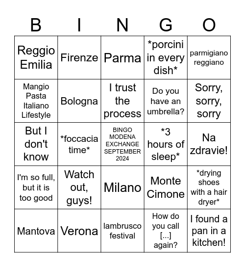 Modena Exchange '24 Bingo Chart Bingo Card