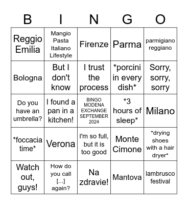 Modena Exchange '24 Bingo Chart Bingo Card