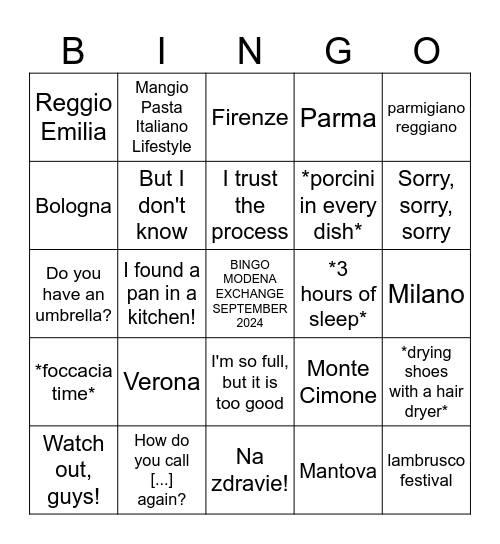 Modena Exchange '24 Bingo Chart Bingo Card