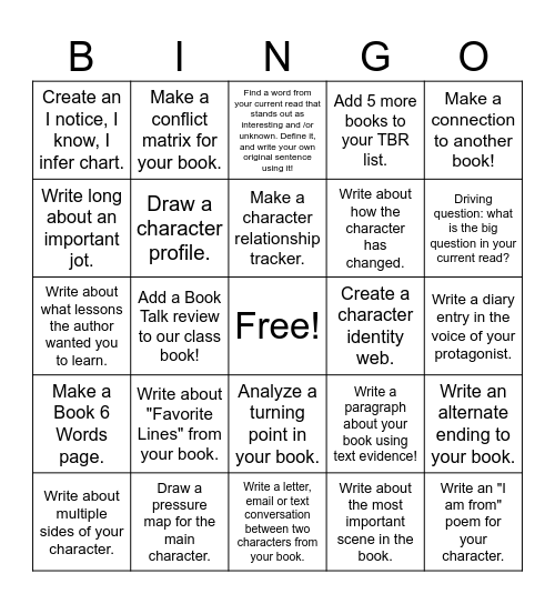 Independent Reading Bingo: Character Focus Bingo Card