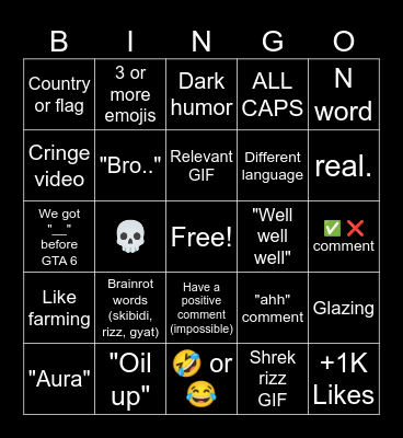 Instagram Reels Comment Bingo Card