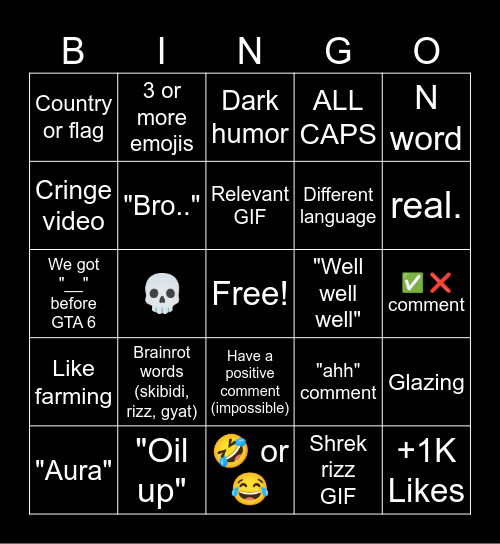 Instagram Reels Comment Bingo Card