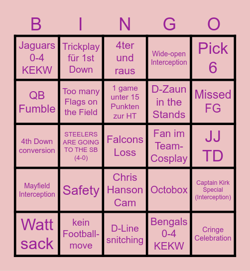 NFL Week 4 Bingo Card