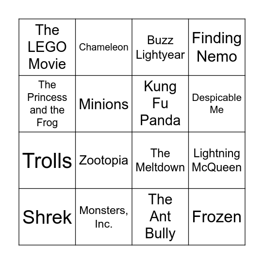 Animated Movies Bingo Card