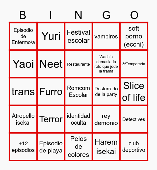 Anime De Temporada Bingo Card