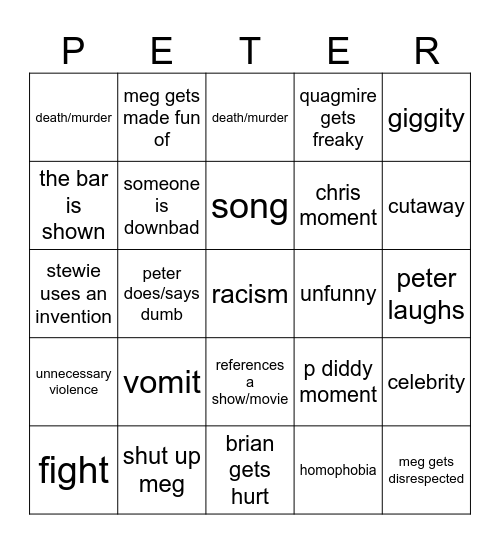 Family Guy Bingo Card