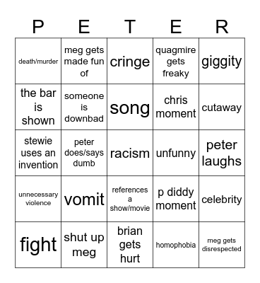 Family Guy Bingo Card