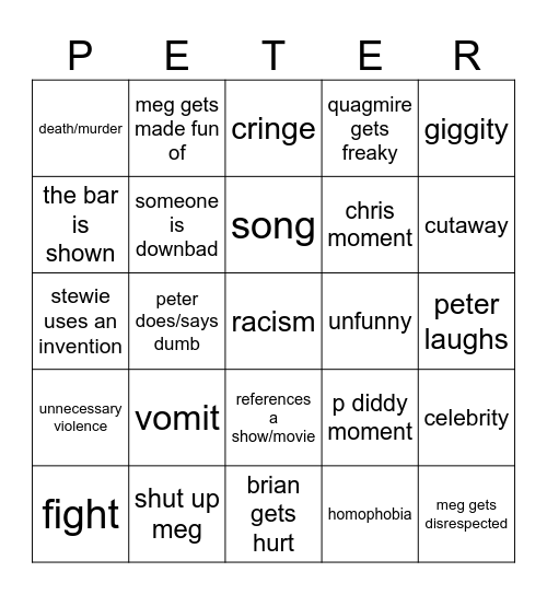 Family Guy Bingo Card