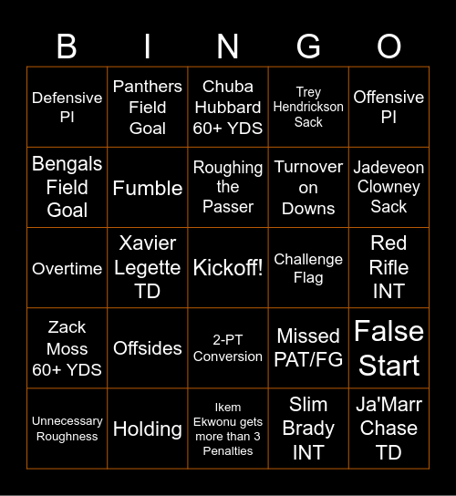 Bengals @ Panthers | Wk 4 | 24-25 Bingo Card