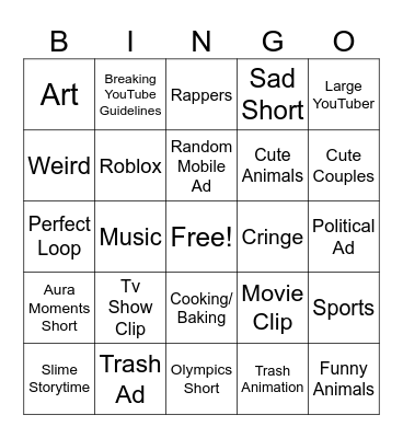 YouTube Shorts Bingo Card