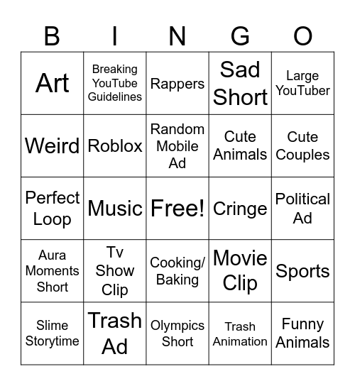 YouTube Shorts Bingo Card