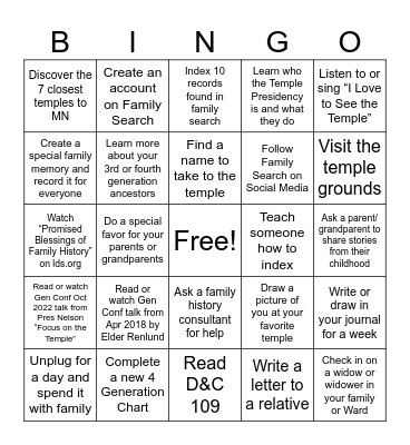 Temple Bingo Card