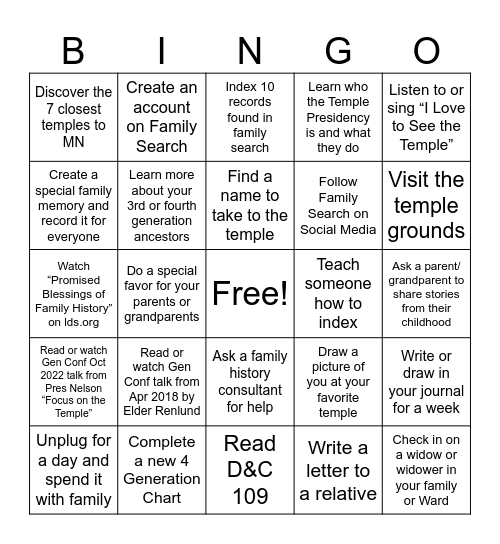 Temple Bingo Card