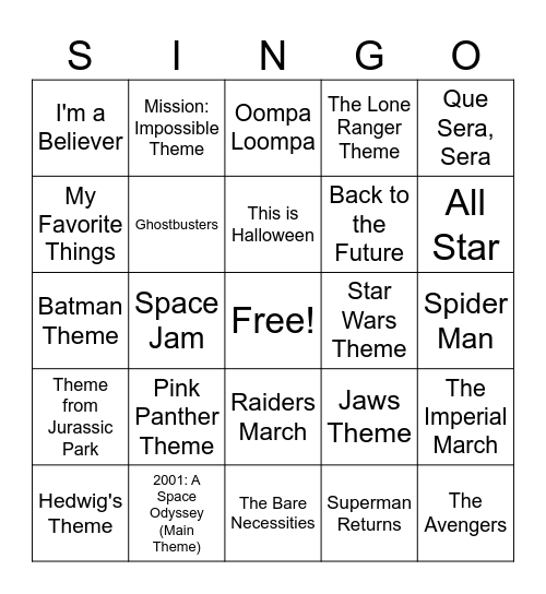 SINGO! Movies Edition Bingo Card