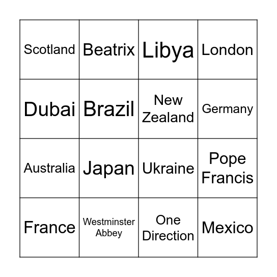 2010s World History Bingo Card