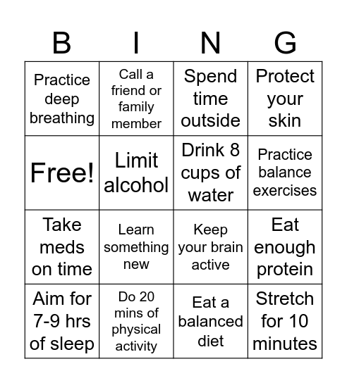 Healthy Habits Bingo Card