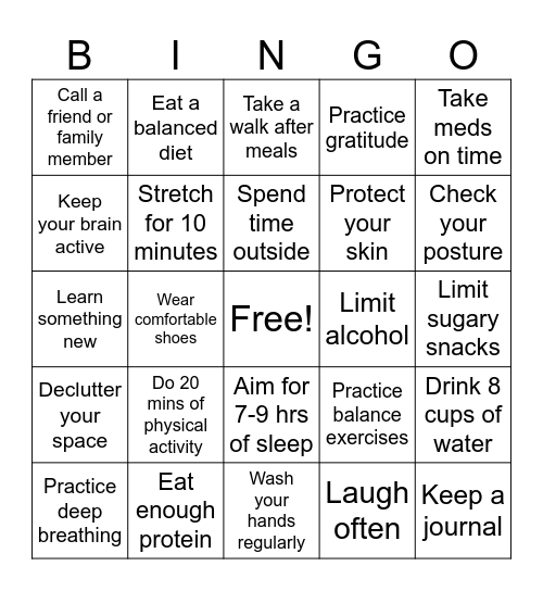 Healthy Habits Bingo Card