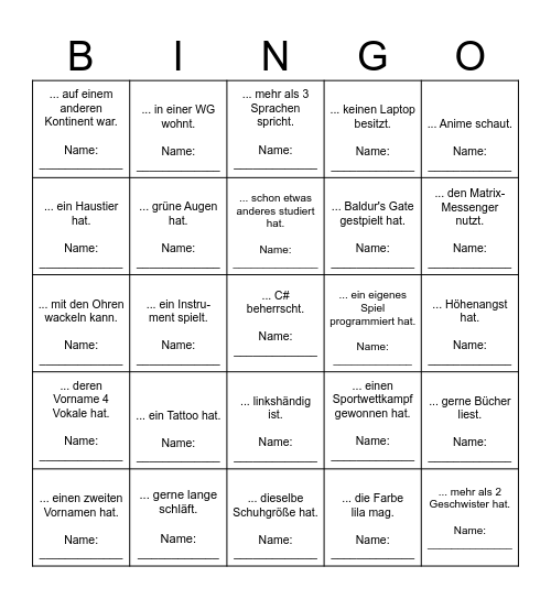 Finde eine Person, die ... Bingo Card