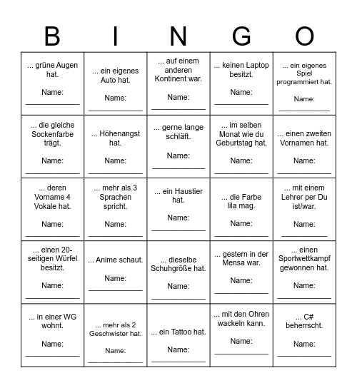 Finde eine Person, die ... Bingo Card