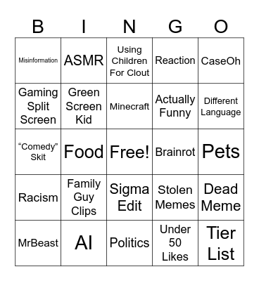 YT Shorts Bingo Card