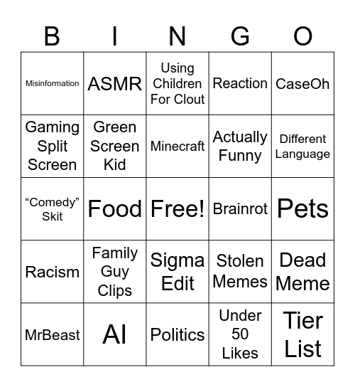 YT Shorts Bingo Card