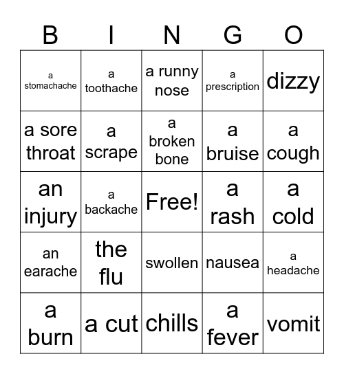 Symptoms and Injuries Bingo Card