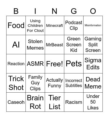 YouTube Shorts Bingo Card