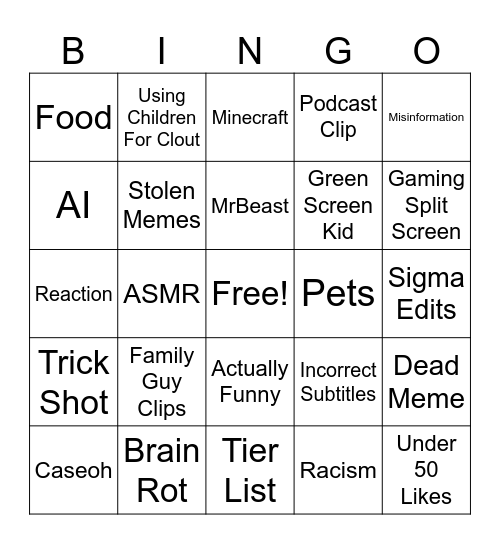 YouTube Shorts Bingo Card