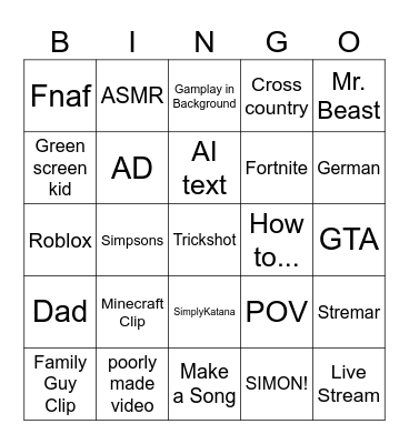 Youtube shorts Bingo Card