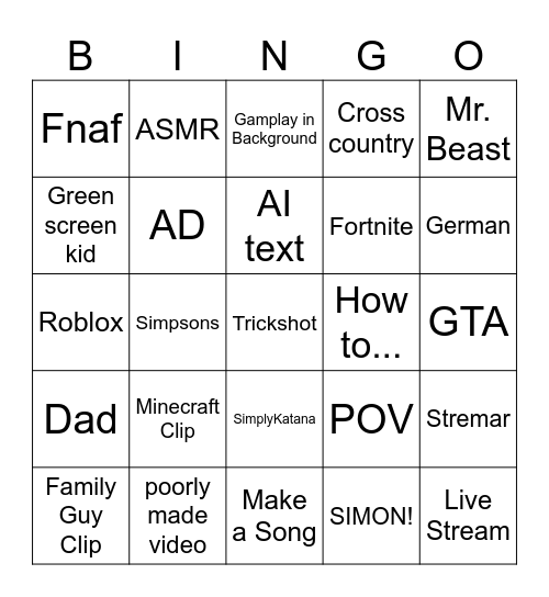 Youtube shorts Bingo Card