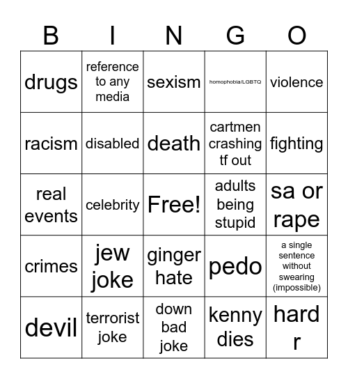 South Park Bingo Card