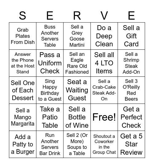 Houlihan's Server Bingo Card