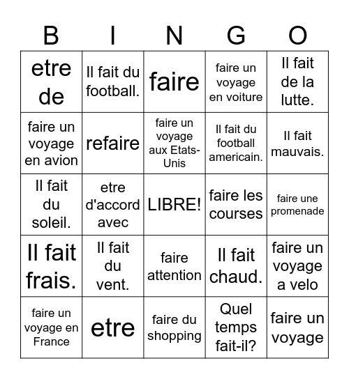 etre and faire Bingo Card