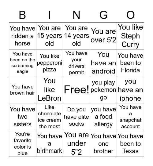 Freshman Bingo Card