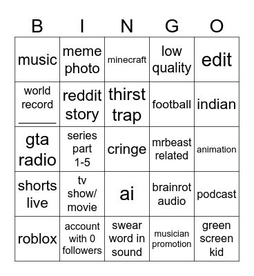 yt shorts Bingo Card