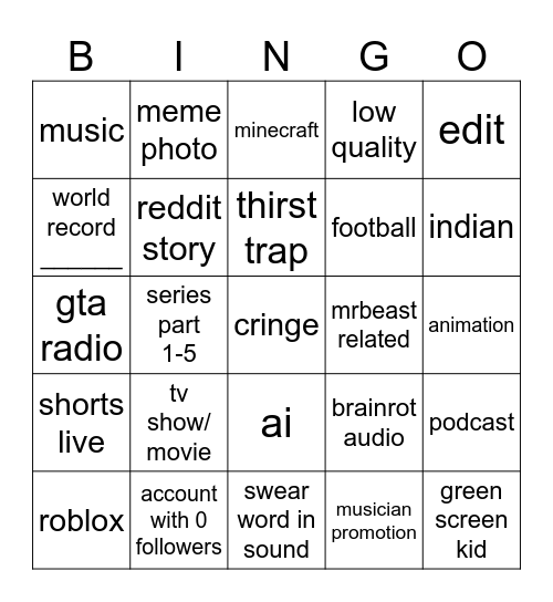 yt shorts Bingo Card