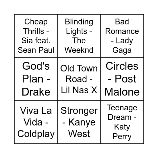 Billboard 100 Musikbanko Bingo Card