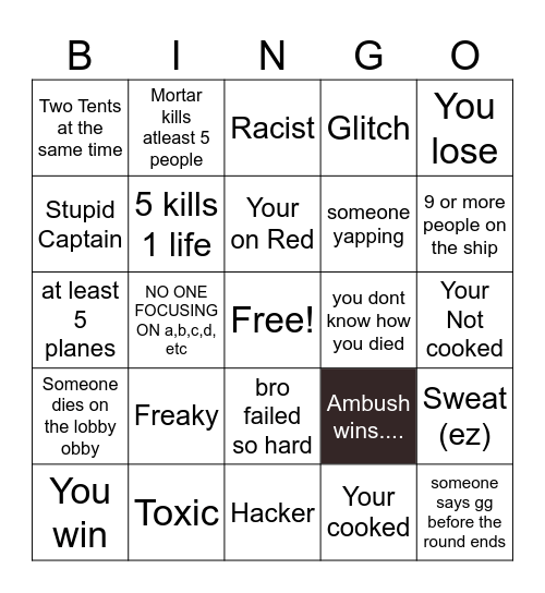 Airship Assault Bingo Card