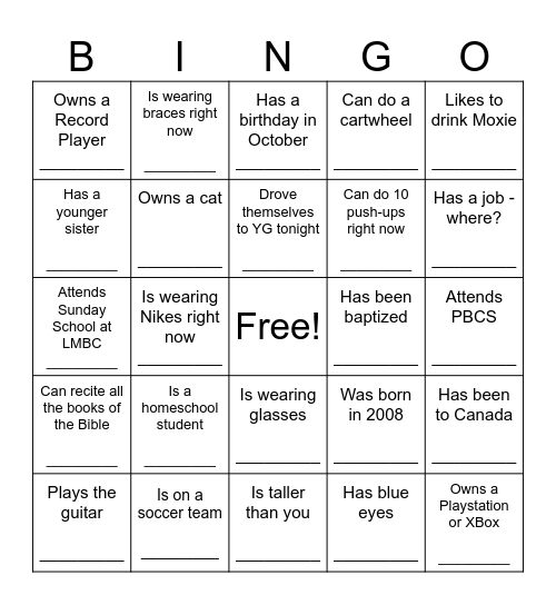 Youth Group BINGO Card