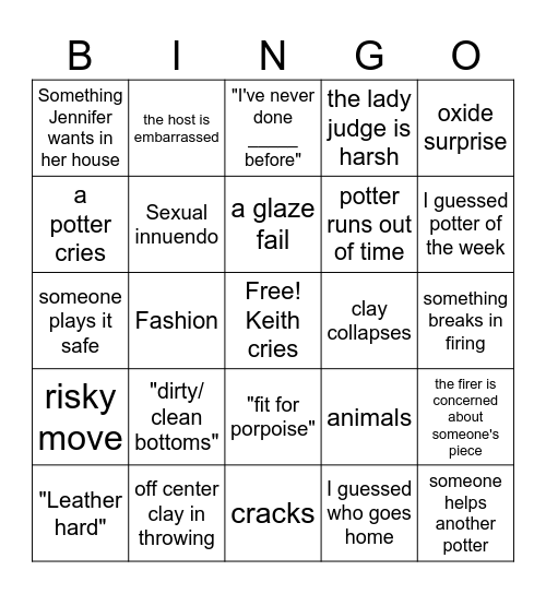 Great Pottery Throw Down Bingo- Eliana's Edition Bingo Card