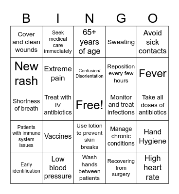 Sepsis Bingo Night Bingo Card