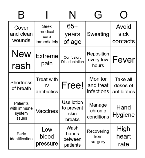 Sepsis Bingo Night Bingo Card