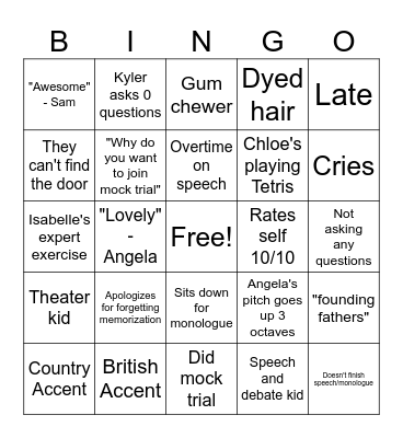 Mock Trial Tryouts Day #3 Bingo Card