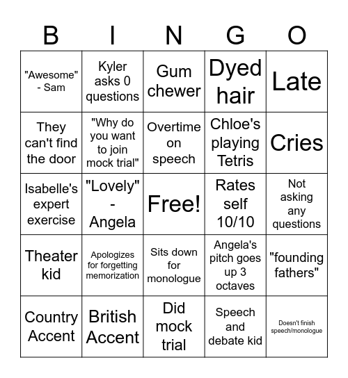 Mock Trial Tryouts Day #3 Bingo Card
