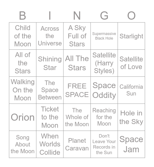 Music Bingo #54 Sun Moon and Stars Bingo Card