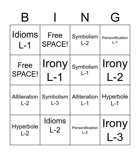 Figurative Language Bingo Card